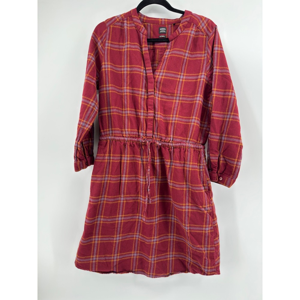 Prana Organic Cotton Plaid Shirt Dress Red Burgundy Drawstring Waist Womens M